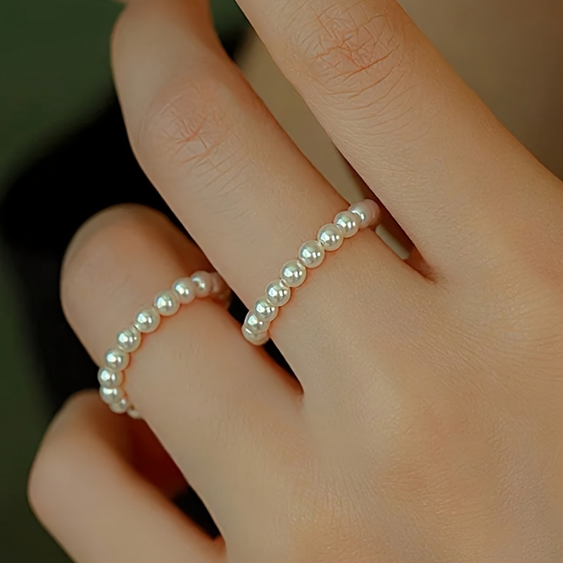 2 Elastic Pearl Rings Adjustable Beaded Rings for Daily Wear